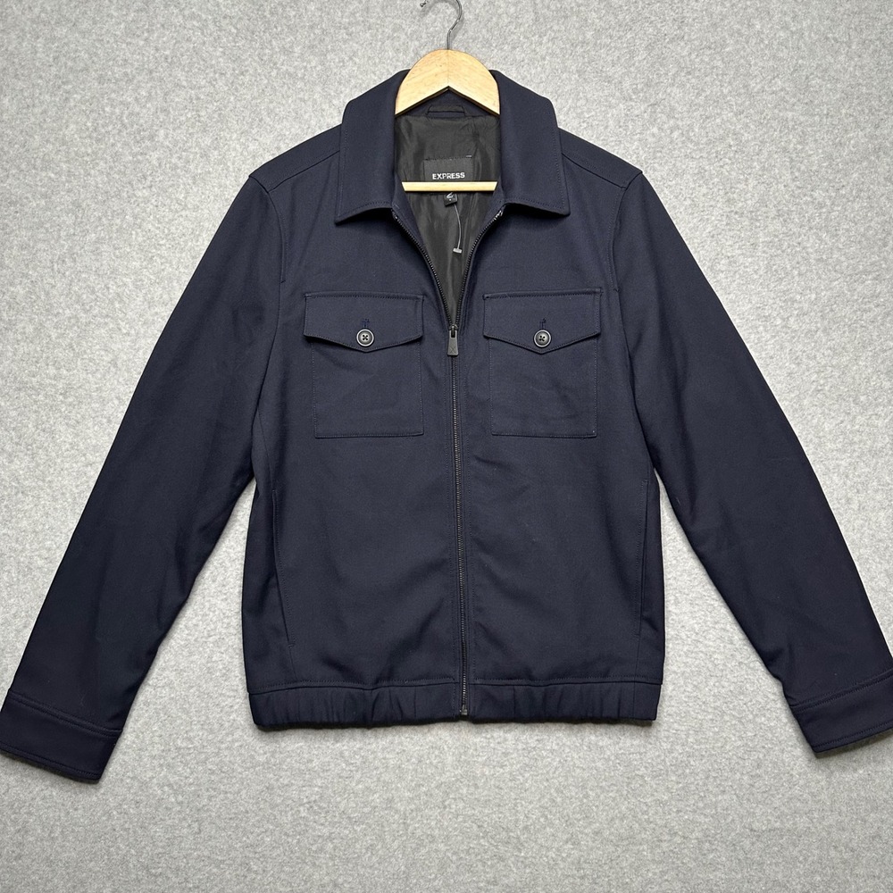 Express Mens Navy Blue Full Zip Utility Jacket Small Point Collar Chest Pockets
